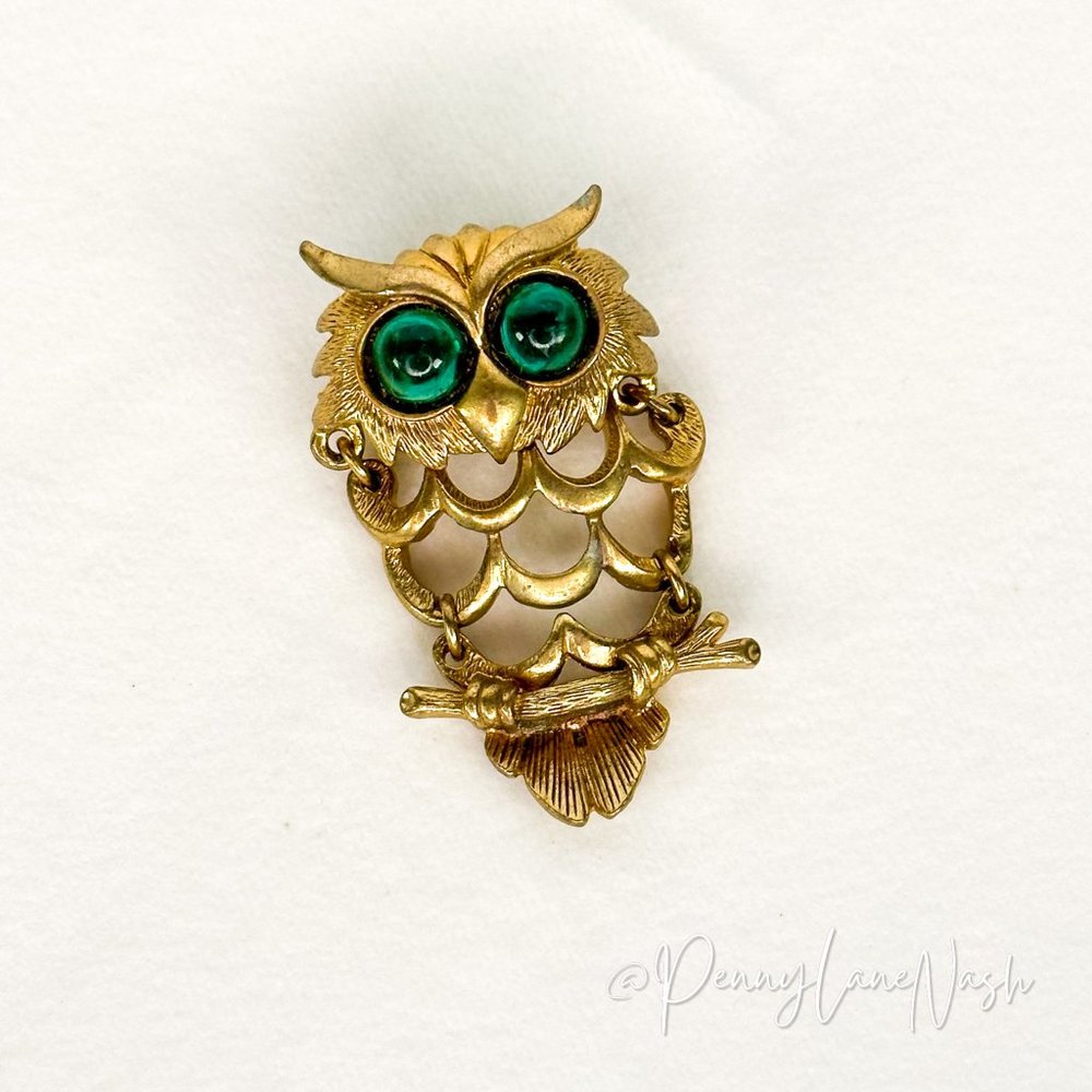 Vintage Gold Owl w/ Large Green Stone Eyes Pin Brooch - Picture 5 of 5